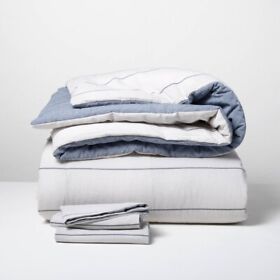 3pc King Stripe With Chambray Backing Comforter And Sham Set Faded Blue Hearth &