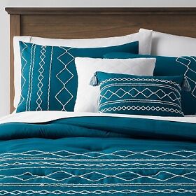 83905560 5pc Full Queen Kenton Diamond Stitch Comforter Bedding Set Dark Teal Blue