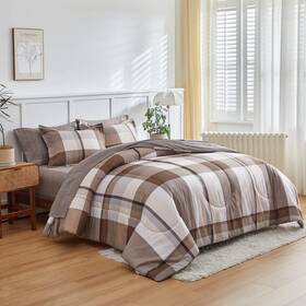 Ai-bib11g Aikasy Bed In A Bag 7 Piece Queen Size Brown Plaid Design Soft Microfiber Reversibl