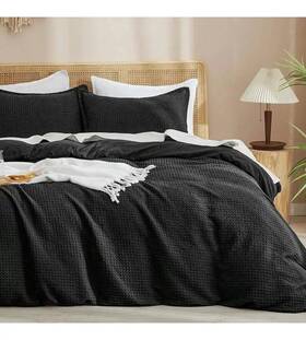 1006639067 Aimage King Size Waffle Weave Duvet Cover Set 3pcs Black Breathable Durable