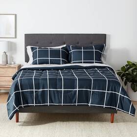 Amazon Basics 844178030144 Full/queen Comforter Set With Sheets 7-piece Navy Grey Plaid