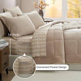Csfpl007ltp7f Amberspace Full Size Comforter Set Plush Light Taupe 7 Piece Flannel Plaid And Solid