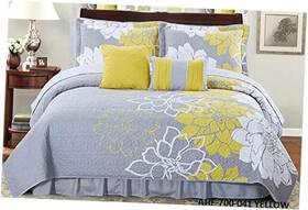 American Linen & Rugs 841380119582 New 6pc Flower Printed Reversible Bedspread Set With Dust King Yellow/grey