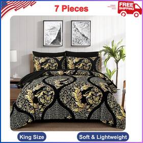 99246219 Anibedding Black Gold Comforter Set King Size 7 Pieces Bohemian Damask Soft