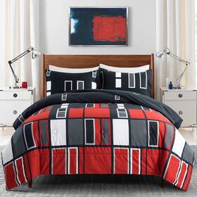 Artall 100216510835 Microfiber 3 Pieces Comforter Set Black Gray Red Plaid Pattern Lightweight Be