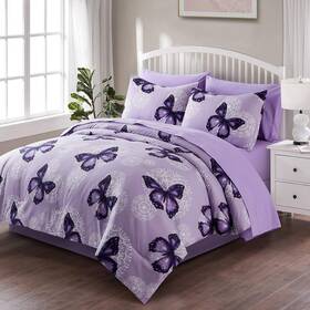 Athh-8c-pr-t Artall Bed In A Bag Twin Size 6 Pieces Purple Butterfly All Season Bedding Comforte