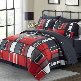 Athh-8c-rgb-fq Artall Black Gray Red Plaid Pattern Bed In A Bag 8 Piece Bedding Full/queen C