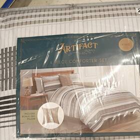 87114 Artifact King Comforter Set Gray White Striped Polyester Shams Pillow Easy Care