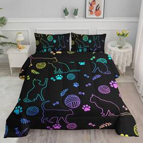 B0bv61p4gz Axolotl Black Cat Bedding Comforter Set Twin Neon Paw Yarn Print Kids Teens Adults