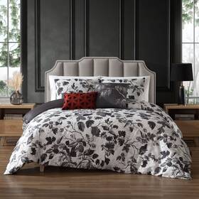 655433 Bebejan Grey Leaves 5 Piece Reversible Comforter Set In Queen