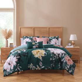655443 Bebejan Wild Flowers On Teal 5 Piece Reversible Comforter Set In Queen