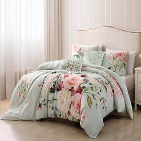 Bebejan 810066553125 Rose On Misty Green 5 Piece Reversible Comforter Set Queen