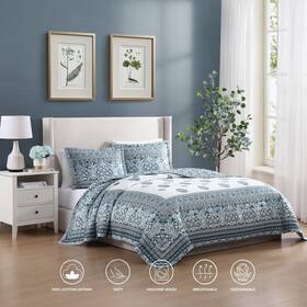 Bebejan 810066557543 Aquamarine Medallion Cotton 3 Piece Reversible Quilted Coverlet Set King