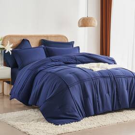 Bedding 445046519544 King Size Comforter Set 7 Piece Bed In A Bag Grid Pinch Pleat Navy Blue