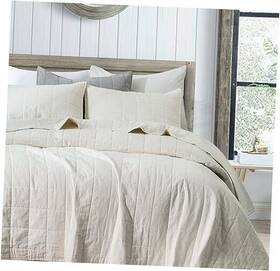 Beddinghouse 795261073381 Stonewashed Linen Cotton Box Stitch Quilt And Matching Pillow Shams King Beige