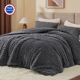 Beusb2d2g1ki Bedelite Fluffy King Size Comforter Set - Grey Fleece Soft Bedding 3 Pieces