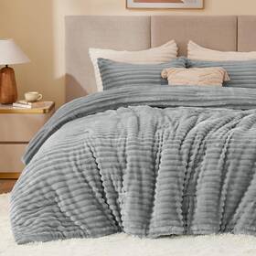 M0755 Bedelite Fleece Queen Comforter Set -super Soft And Warm Fluffy Light Grey Bedding