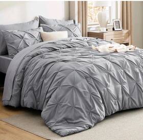 Bedsure 840477800020 Queen Comforter Set 7 Pieces Pintuck Grey Sheets And Pillowcases