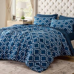 Bedsure 841745122813 Queen Comforter Set 7 Pieces - Navy Blue Quatrefoil Comforters