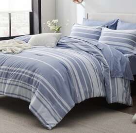 Bedsure 841745168453 Full Size Comforter Set- Bedding Set 7 Pcs Blue Striped Bed In A Bag