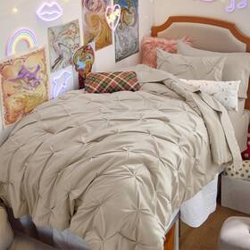 B0bp73175f Bedsure Twin Comforter Set Beige - 5 Piece Bed In A Bag Pintuck Bedding