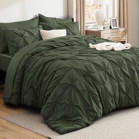 Hu-xi-110 Bedsure King Size Comforter Set 7 Pieces Olive Green Pintuck Bed In A Bag Gift