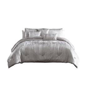 Benjara 192551513266 Queen Size 7 Piece Fabric Comforter Set With Crinkle Silver