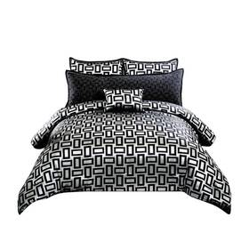 Bm225176 Benjara 6- Piece Gray And Black Geometric Polyester Queen Comforter Set