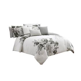 Bm225191 Benjara 7-piece Gray And White Floral Cotton King Comforter Set