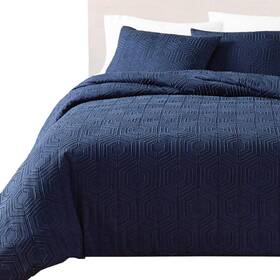 Bm304762 Benjara Jose 3- Piece Navy Blue Solid Print Polyester Queen Comforter Set