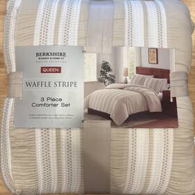 1773261 Berkshire Life Waffle Stripe 3-piece Comforter Set Color Beige Size Queen New