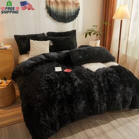Besfunny 445048755766 Faux Fur Black Comforter Set Queen Down Alternative 3pcs 1 Plu
