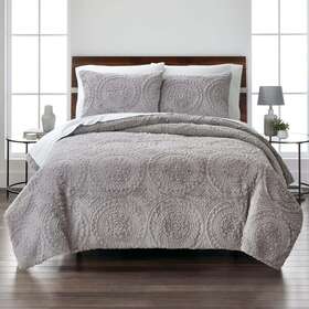 Bh9044409622-07 Better Homes & Gardens And 3-piece Grey Embroidered Faux Fur Comforter Set