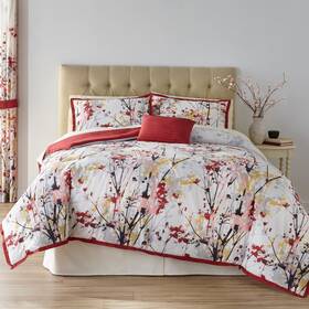 Brylanehome 196391255416 Funky Floral 6 Piece Comforter Set - Queen Burgundy Multi