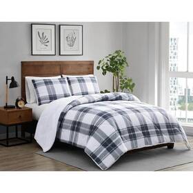 Cs4314bckg-1500 Cannon Cozy Teddy 3-piece Blue Plaid Polyester King Comforter Set