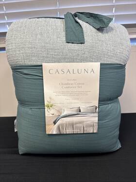 Casaluna 191908878744 Full/queen Textured Chambray Cotton Comforter And Sham Set Dark Teal Blue