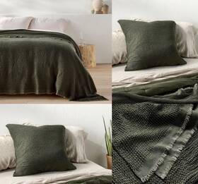 Casaluna 196761430184 Set King Plus Textured Waffle Coverlet And Euro Shams- Olive Green - Rare