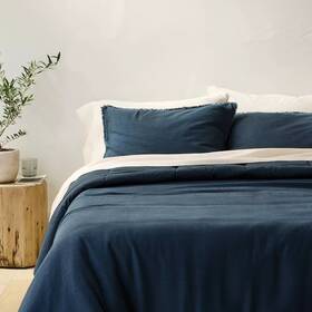 91240597 Casaluna Full/queen Heavyweight Linen Blend Comforter And Sham Set Dark Mineral Blue