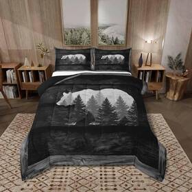 B0bn56n3lk Castle Fairy Lodge Cabin Comforter Set Gray Bear Pine Tree Silhouette Pattern