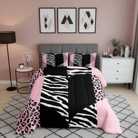 B0bn8m3pm1 Castle Fairy Pink Black Leopard Print Comforter Set Zebro Fur Patchwork Quilt