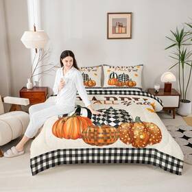 Cyjs10874zmd-bz Castle Fairy Happy Fall Yftall Comforter Set King Size Black White Plaid Bedding Rustic