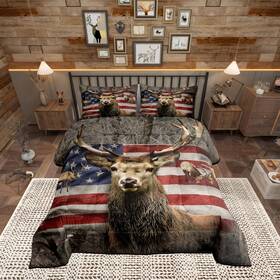 Lwhs1460cdx-bz Castle Fairy American Flag Deer Comforter Set Queen Size Brown Wildlife Animal And Trees Them