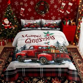 Tyts8833zmd-bz Castle Fairy Merry Christmas Comforter Set Queen Size Vintage Xmas Truck Quilt Red Bla