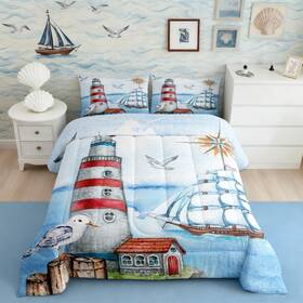 Tyts9914zmd-bz Castle Fairy Coastal Lighthouse Comforter Set Queen Size Nautical Sailboat Quilt Ocean