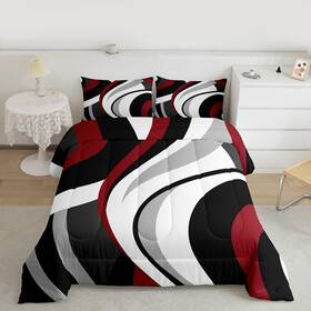 Zzrs1593zmd-bz Castle Fairy Red Black Stripes Comforter Set Queen Size Abstract Circle Waves Bedding Sets