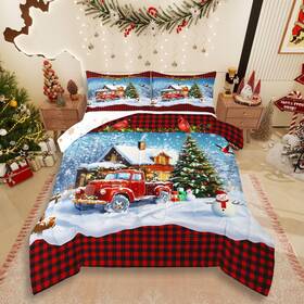 Zzrs3995zmd-bz Castle Fairy Kids Christmas Comforter Set Queen Size Retro Red Truck And Winter Snow View