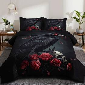 Ccoutuechen 705353056161 Black Crow Red Rose Skull Comforter Set Queen Size Halloween Gothic Roses Skelet