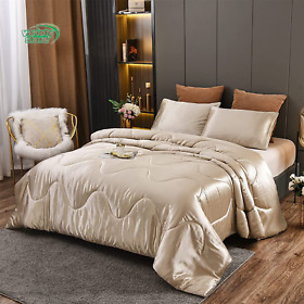 Champaign Gold Satin Silk Like Quilt Set Luxury Ultra Soft Silky Comforter Pillo