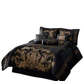 Chezmoi Collection 840079100870 7-piece Jacquard Floral Comforter Set/bed-in-a-bag Set King Black Gold