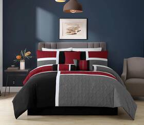 Chezmoi Collection 840079141361 7-piece Quilted Patchwork Comforter Set Red/gray/black Queen